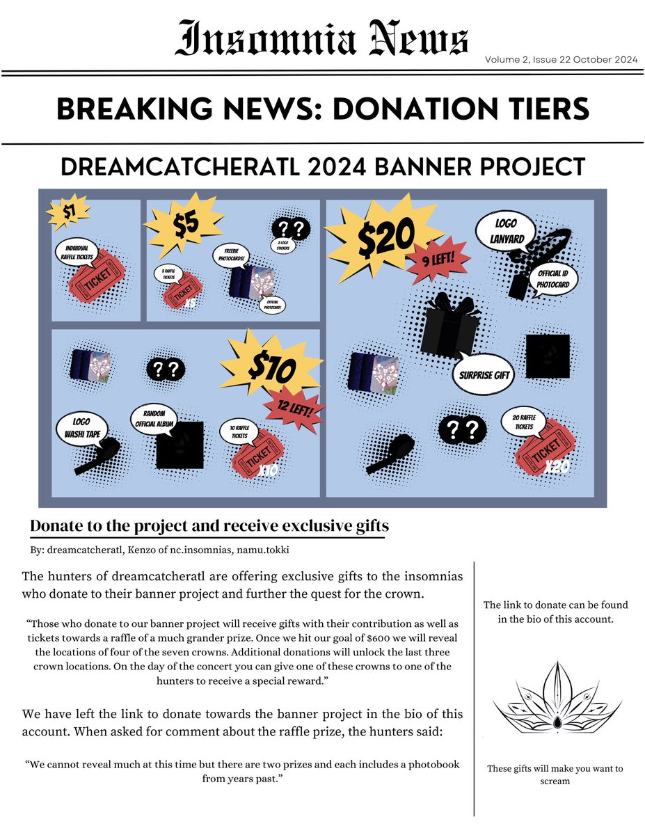 DreamcatcherATL's tweet photo. 🔎 THE HUNT IS ON 🔍 

#Dreamcatcher ATL is offering exclusive gifts to #InSomnias who donate to the banner project for Atlanta. These tiers possess both official &amp; unofficial #DC items. Try your luck for one of the larger prizes w/ our raffle tickets 🍀
🔗 in our bio to donate! https://t.co/bqfLQA2Qgs