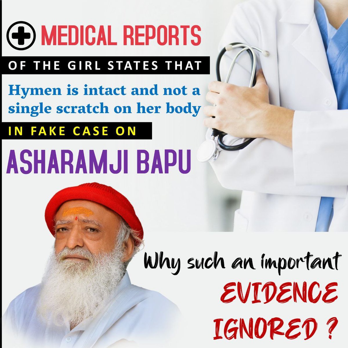 ReviewsOnBapuJi's tweet photo. #InnocentIsSuffering
जोधपुर के Asaram Ji Bapu Case में 
न FIR में, न जज के सामने रेप का जिक्र है और न ही मेडिकल जांच में रेप की पुष्टि हुई है। 
छेड़-छाड़ के False Allegations पर एक राष्ट्रहितैषी निर्दोष संत पर अन्याय पराकाष्ठा पर है। https://t.co/LbsqS3KgHC