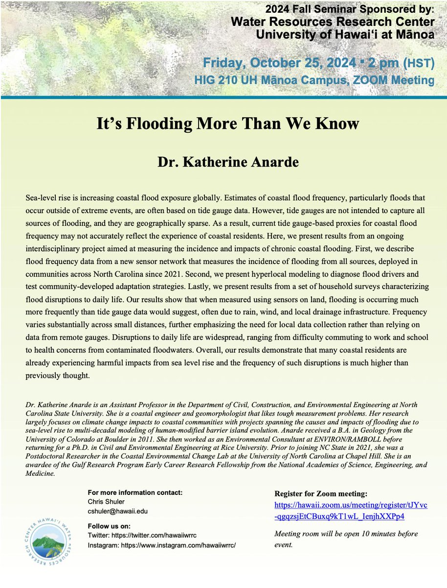 UH WRRC 2024 FALL SEMINAR   
Oct. 25, 2:00 pm–3:00 pm (HST)      

HIG 210, UH Mānoa Campus and Zoom  

Zoom Registration:  hawaii.zoom.us/meeting/regist…