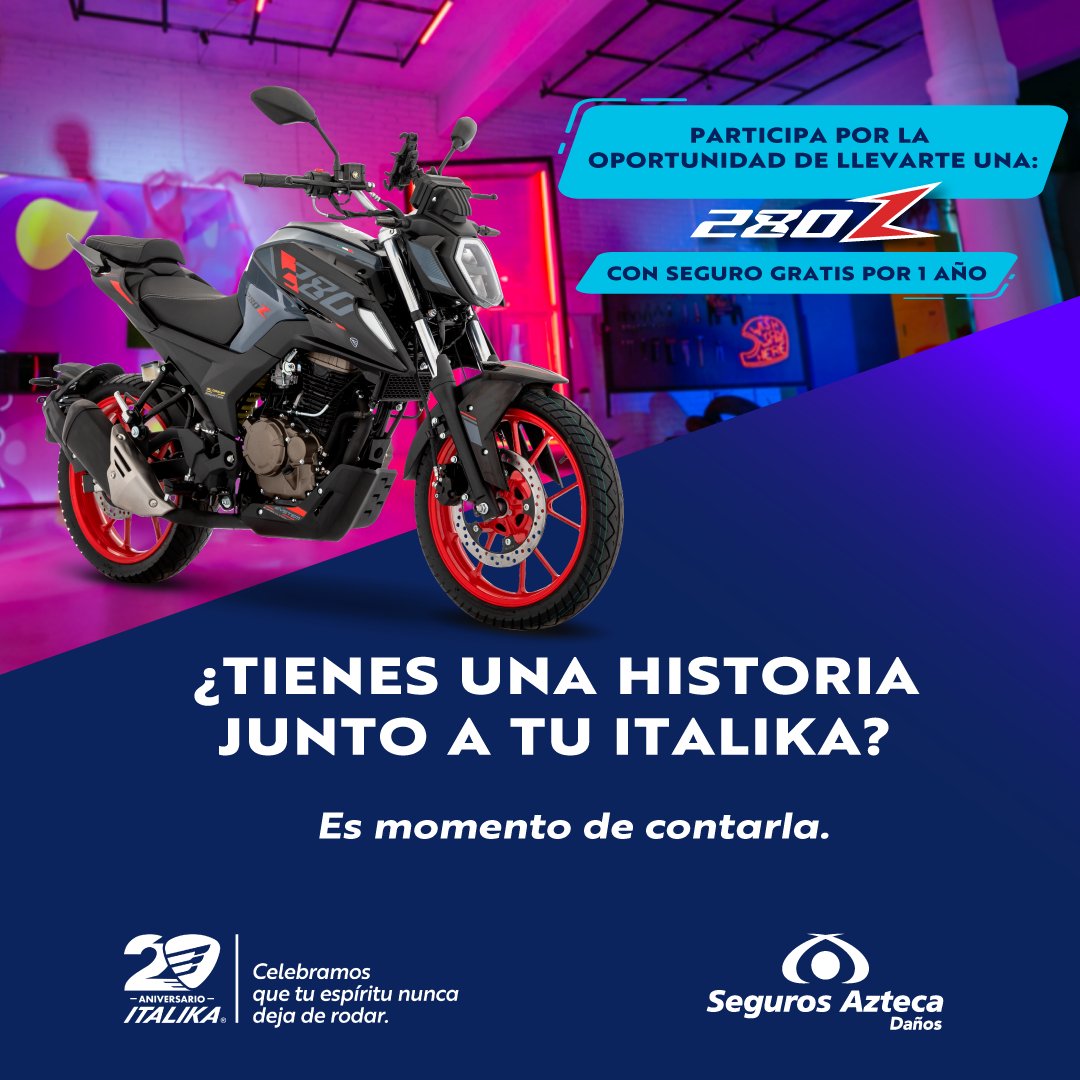 ItalikaOficial's tweet image. ¡Piloto!  Esta es tu oportunidad de convertirte en #PilotoZ 🏍🔥Comparte tu mejor historia con tu ITALIKA y podrías llevarte una #280Z con seguro* de 1 año cortesía de @BancoAzteca 💚
Usa el HT #ITALIKA20Años y participa ya 😎Consulta T&amp;amp;C 👉🏼 bit.ly/TYC280Z