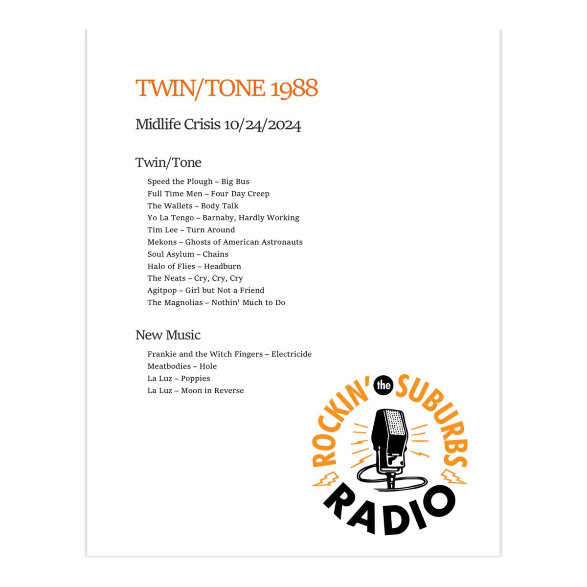 midliferadio's tweet photo. Here’s today’s playlist from Midlife Crisis.  Next week I take a break from the Twin/Tone catalogue to do a LIVE Halloween Show with Patrick Foster.  You won’t want to miss it. https://t.co/XJgkbjJ9x1
