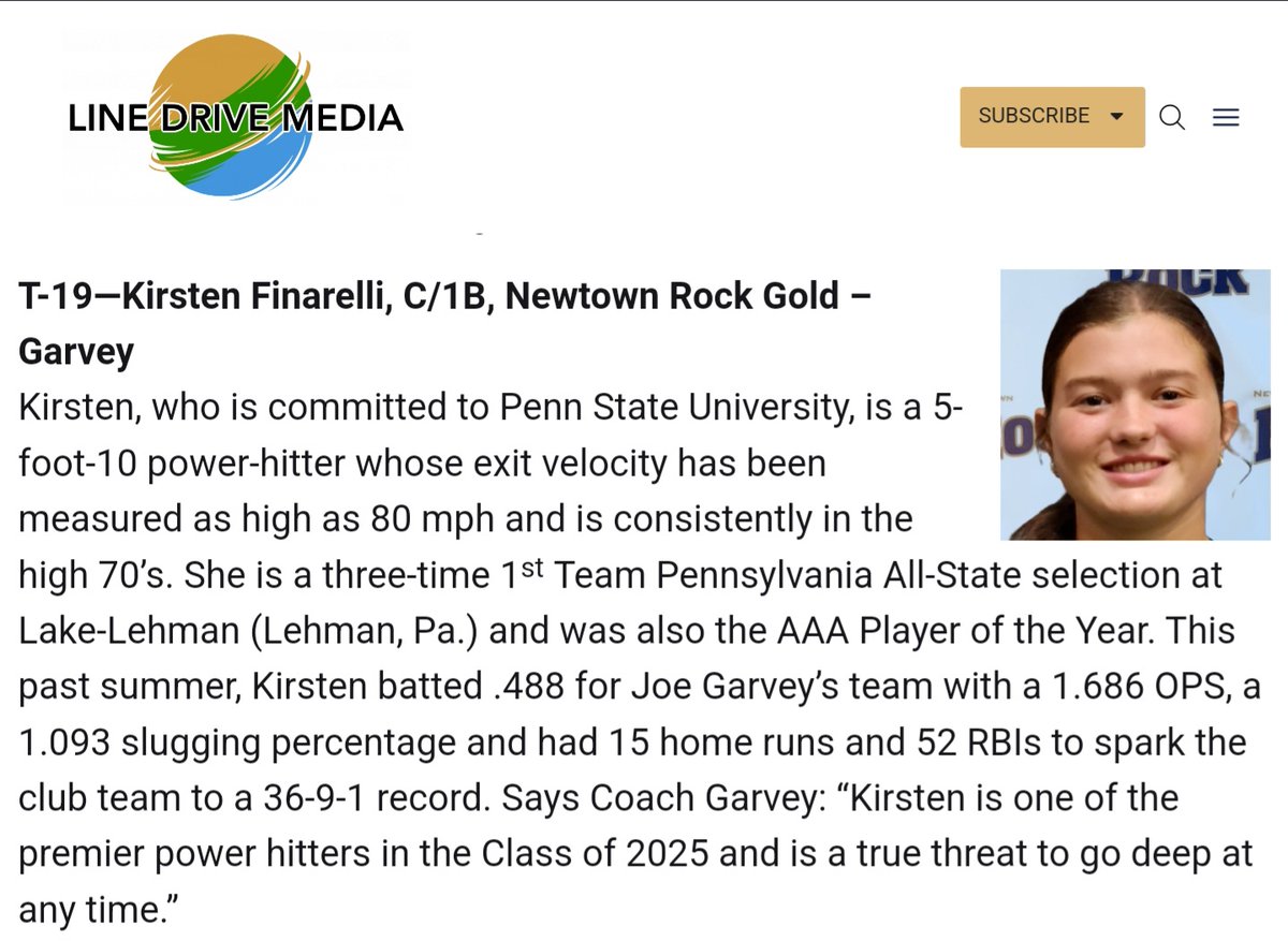 GoldGarvey's tweet photo. Congrats to @GoldGarvey 2025 C/1B and @PennStateSB commit Kirsten Finarelli @KFinarelli on being ranked #19 in the @LineDsoftball 2025 Hot 100 Player Rankings!! #Rockstrong @los_stuff @PGFnetwork https://t.co/75gBENu6E9