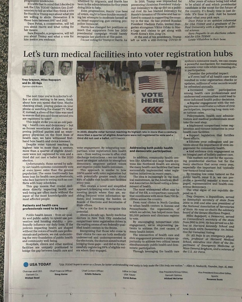 Vot-ER (@vot_er_org) on Twitter photo 🗞️ An exciting update: we're in the national print edition of @usatoday! 🙌
This piece written by <a href="/KYTrey/">Trey Grayson</a>, <a href="/MilesRapoport/">Miles Rapoport</a>, & <a href="/AliRaja_MD/">Ali S. Raja, MD</a> can be picked up today only at your local grocery store, bookstore, & coffee shop.
You can also read it online here: bit.ly/4eT6niM 🗞️ An exciting update: we're in the national print edition of @usatoday! 🙌
This piece written by <a href="/KYTrey/">Trey Grayson</a>, <a href="/MilesRapoport/">Miles Rapoport</a>, & <a href="/AliRaja_MD/">Ali S. Raja, MD</a> can be picked up today only at your local grocery store, bookstore, & coffee shop.
You can also read it online here: bit.ly/4eT6niM