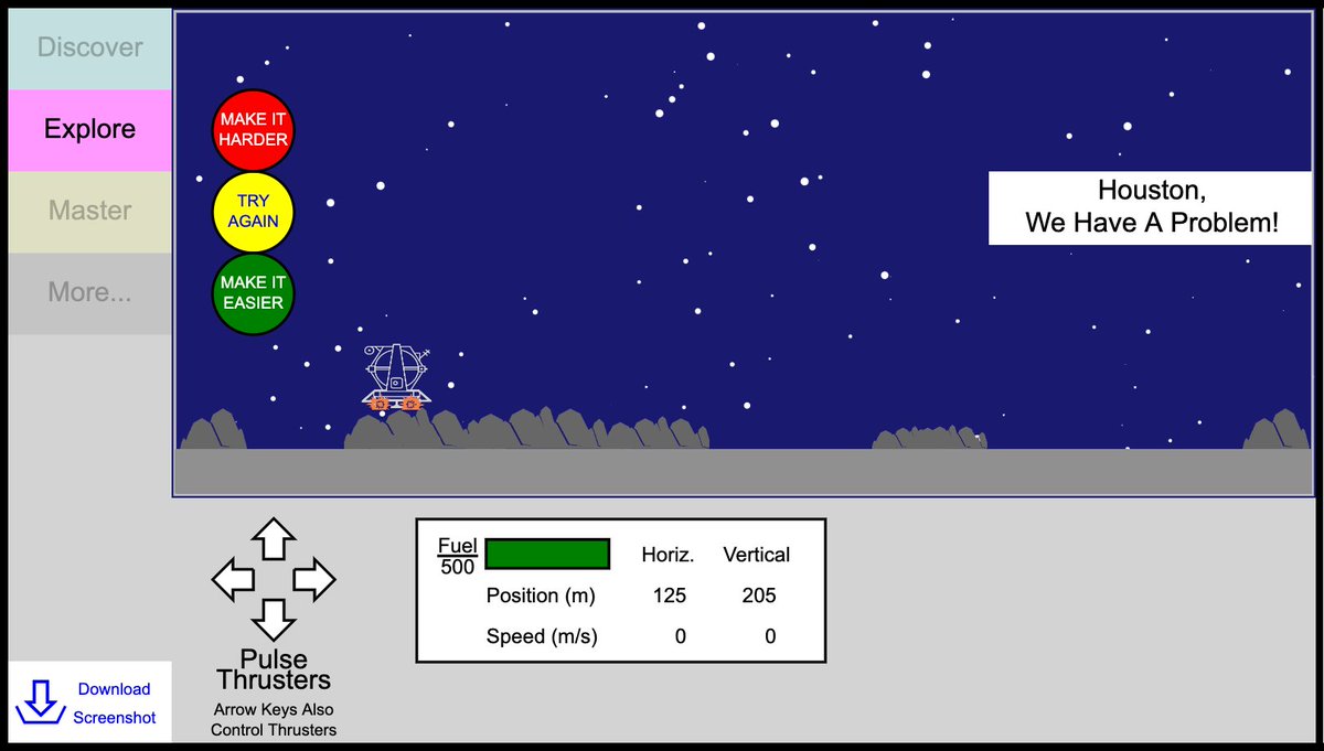This interactive was inspired by the classic PhET Lunar Lander simulator, which died along with its Flash coding.  Hope you give it a try, and share the link with anyone who might use it!  scienceoftech.net/phy/lunar-land…