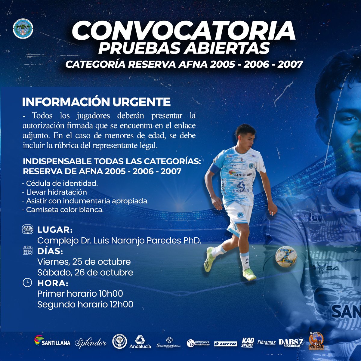 💥 ¡PRUEBAS ABIERTAS CATEGORÍA RESERVA! 💥

🔵 Estamos buscando jugadores comprometidos para formar parte de nuestra familia ⚽💪

👉 Considerar la información importante 😃

✅ Link carta de autorización: lc.cx/PvDQJt
✅ Dirección cancha: bit.ly/44AehZy