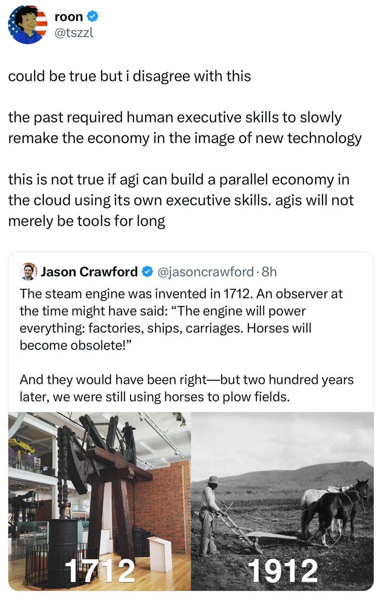There are two ways AI impacts organizations:
1) The usual way, which will take a decade to play out as organizations adjust to AI &amp; integrate into systems
2) Via apotheosis, where AGI creates a parallel organizational ecosystem instantly

Most people betting on #1. Labs bet on #2