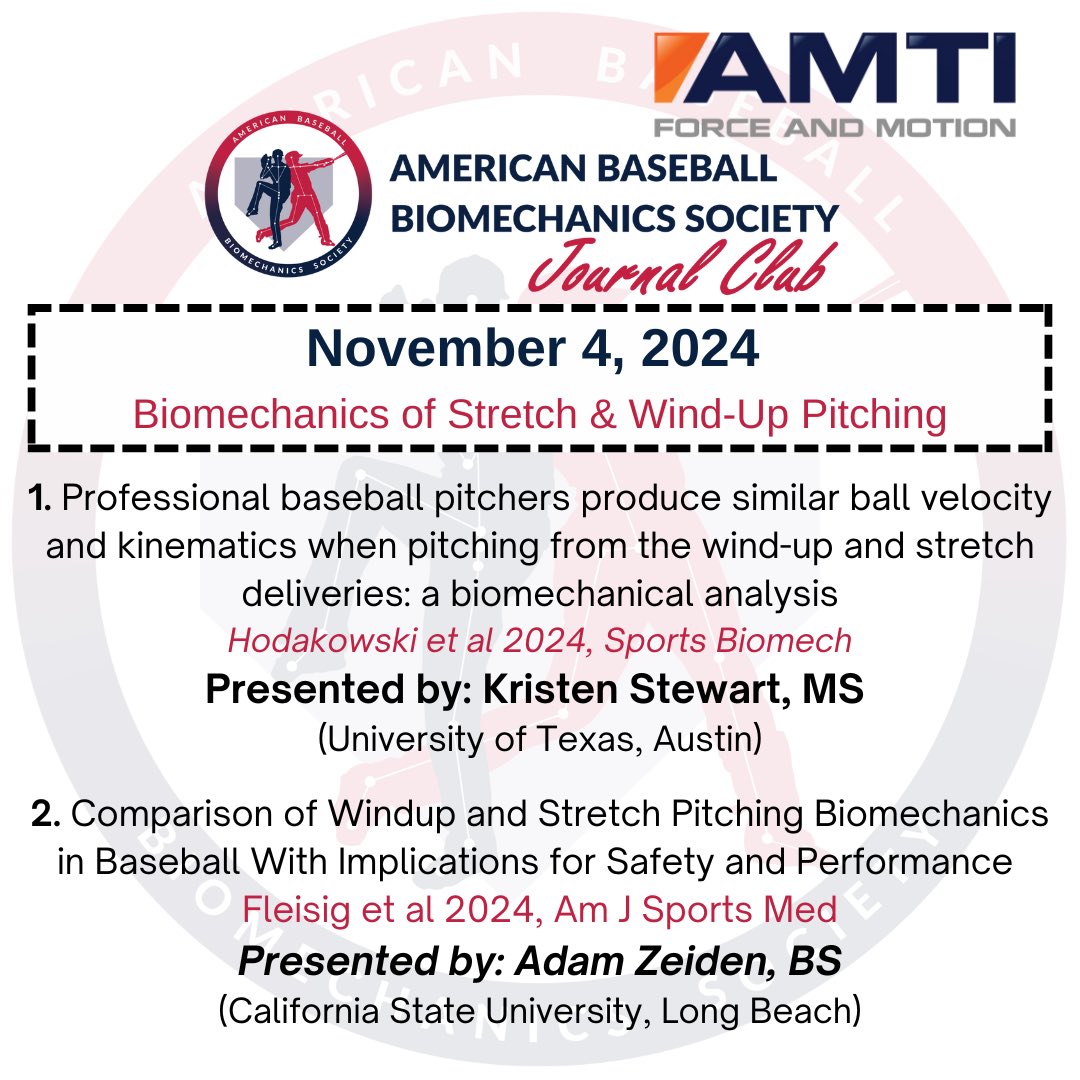 Join us Monday, November 4th at 4 pm ET for the last Journal Club of 2024! We will discuss the biomechanics of pitching from the stretch and windup. 

Thank you to this month’s journal club sponsor, <a href="/AMTI_MultiAxis/">AMTI</a>