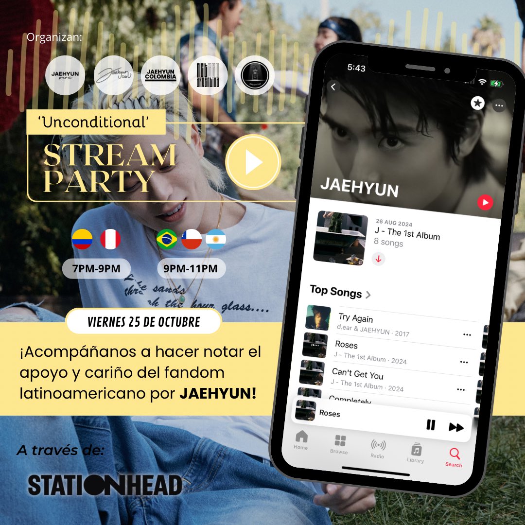 JAEHYUN_PERU's tweet photo. 🎧 STREAM PARTY ‘UNCONDITIONAL’ 

Vals y Czennie! ☺️ Para celebrar el nuevo lanzamiento de #JAEHYUN, los invitamos a nuestro STREAM PARTY este Viernes 25/10

🇵🇪🇨🇴 7-9PM
🇦🇷🇨🇱🇧🇷 9-11PM

𝘜𝘕𝘐𝘖𝘕 𝘑𝘈𝘌𝘏𝘠𝘜𝘕 𝘓𝘈𝘛𝘈𝘔 

@JaehyunNCTCol @JaehyunNCTChile @DoJaeJungArg @NCTzen_arg https://t.co/B5BnJEip6N