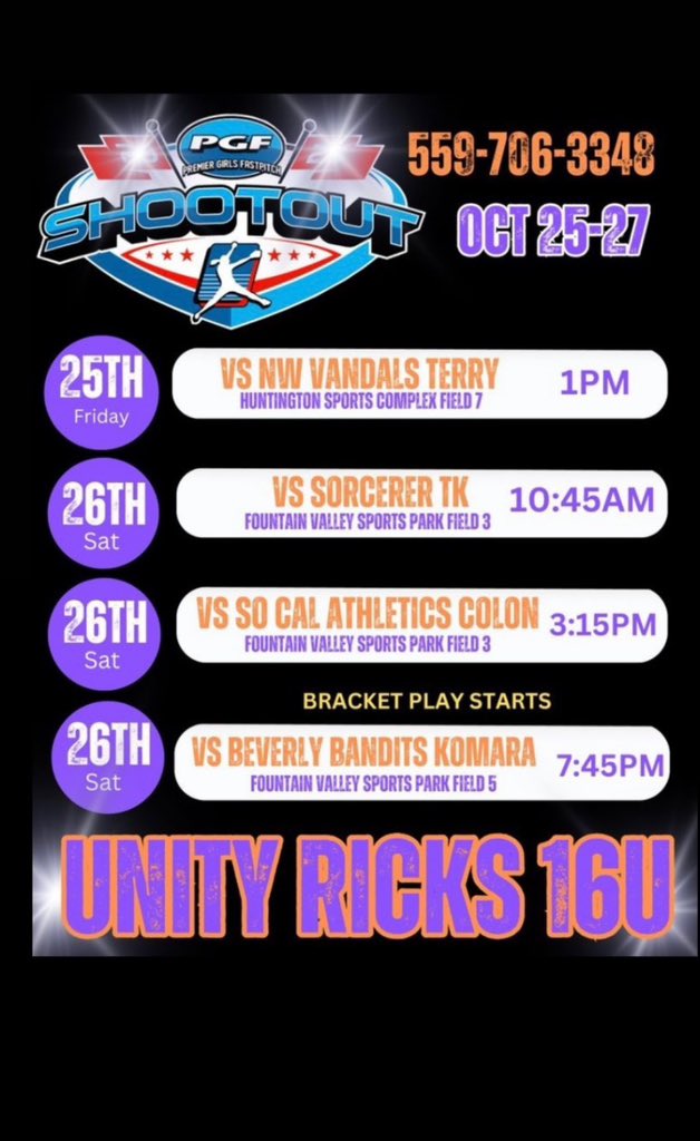 SiennaOwen2027's tweet image. Back at it again this weekend in Fountain Valley, Cali.  All game times are PST. 💜🧡#unitysoftball
#UNITY