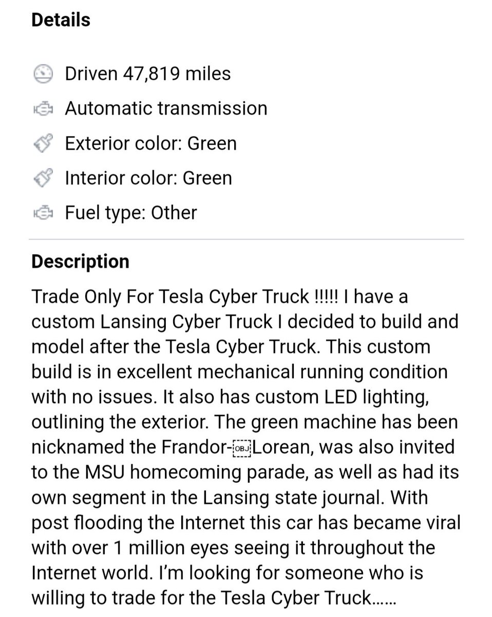 capndukekimball's tweet photo. @LansingMIFacts Breaking News: just came across the Frandolorean on FB Marketplace. The only catch? He's trying to trade for an actual Cybertruck. 

...honestly that might be a pretty good trade for anyone unlucky enough to own an actual Cybertruck. https://t.co/awYRnreT8M