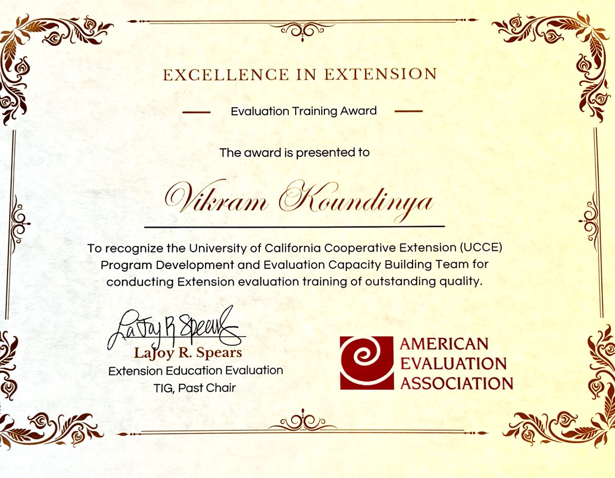 Thrilled  to receive American Evaluation Association's team award for “Excellence in Extension Evaluation Training” at the #Eval24 conference. Thanks to the colleagues who nominated our <a href="/ucanr/">Ag&Natural Resources</a> Extn Evaluation Capacity Building team for this award. <a href="/ucdavisCAES/">CA&ES, UC Davis</a> <a href="/UCDHumanEcology/">UC Davis Human Ecology</a>