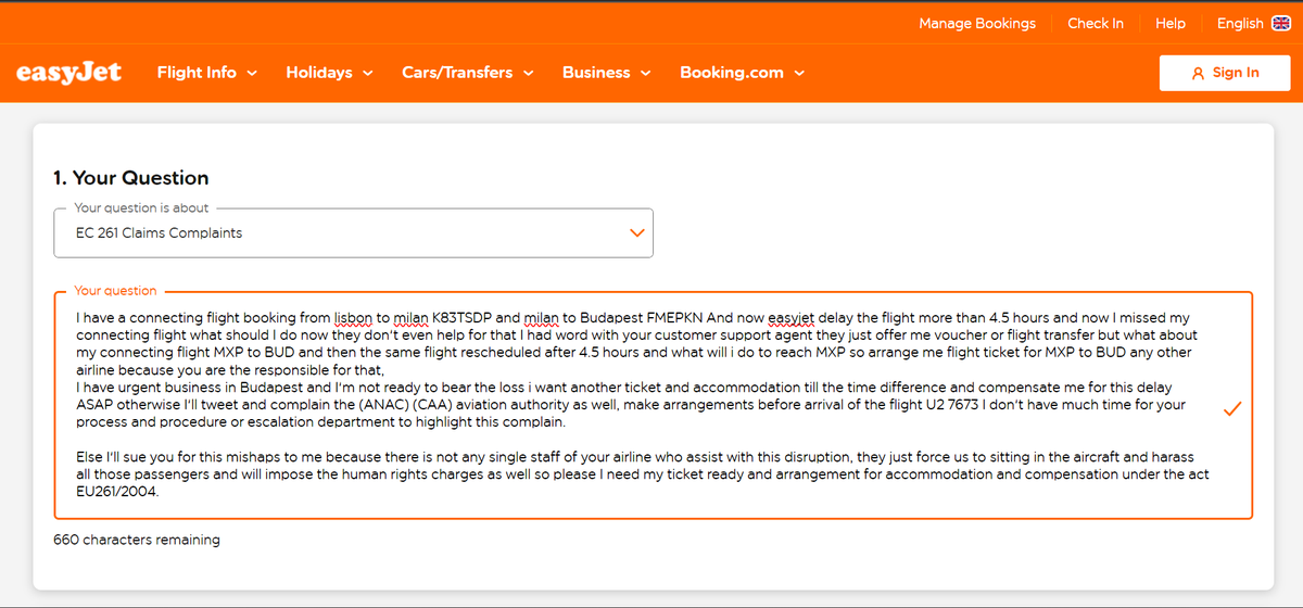 sforsamar's tweet photo. @easyJet I missed my connecting flight from Milan to Budapest due to a 4.5-hour delay with EasyJet.Your support offered a voucher, but I urgently need a new ticket and accommodation for my business in Budapest.I expect compensation under EU261/2004 @EASA @anac_pt @UK_CAA @EnacGov https://t.co/mdtRzd3i7y