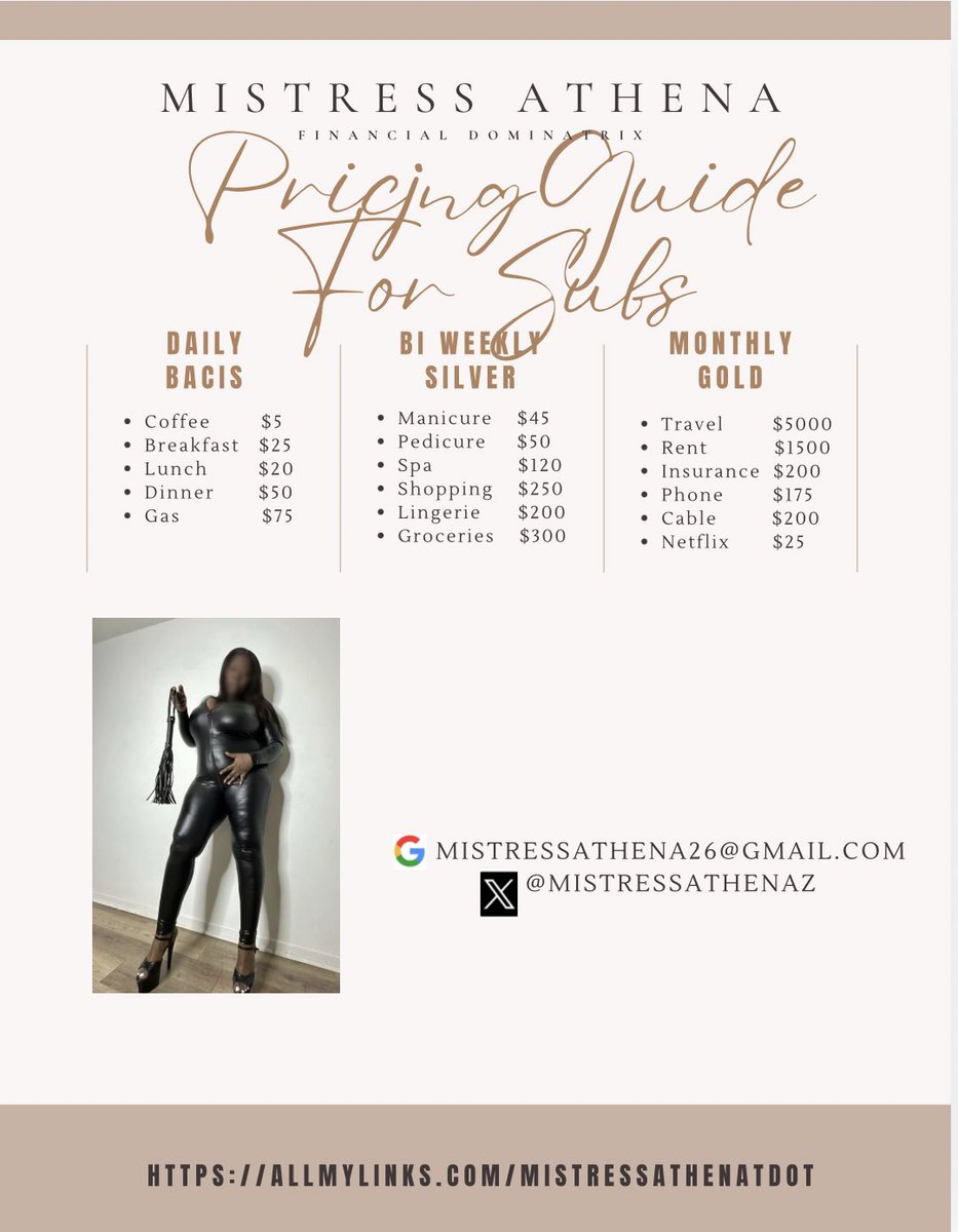 MistressAthenaz's tweet photo. New Pricing Guide For Subs 

ebonygoddess paypig bnwo findomcanada ebonydom ebonyfindom buyingcontent https://t.co/UWYebNKF69