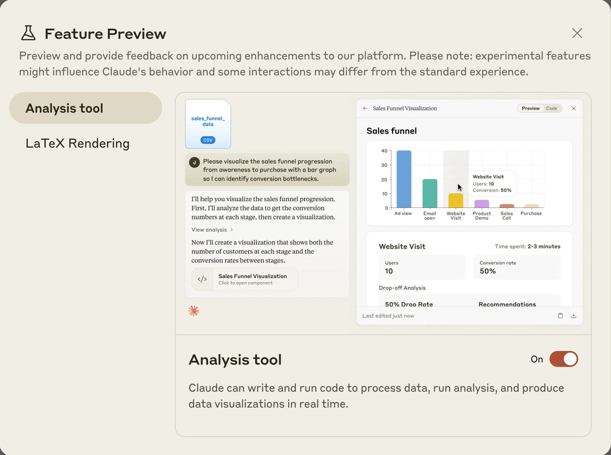 * Claude AI Analysis Tool

Preview and provide feedback on upcoming enhancements to our platform. Please note: experimental features might influence Claude's behavior and some interactions may differ from the standard experience.

<a href="/AnthropicAI/">Anthropic</a> 

#Claude #anthropicai #anthropic
