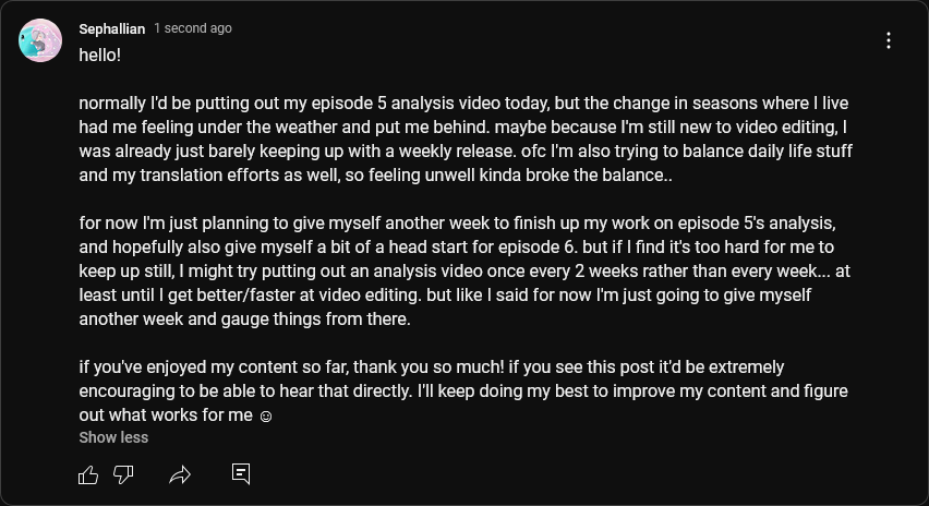 no Frieren analysis video today, I guess I'll just make use of the community post I made on Youtube. I'm still feeling a little under the weather honestly, but doing better than I have been, so I'm hoping I feel well enough to stream tomorrow! gonna keep doing my best😊