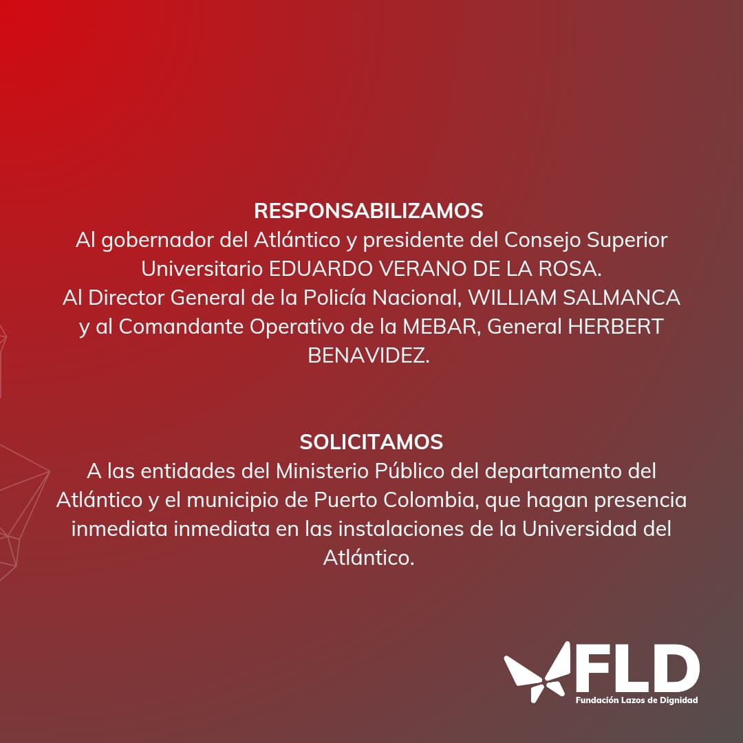 FLazosDignidad's tweet photo. 🚨#DenunciaPublica sobre los hechos ocurridos hoy en la Universidad del Atlántico, siendo está la semana  conmemorativa  de la "Semana de la memoria". 

#Dinfundir #Urgente https://t.co/yXFGIN86vJ