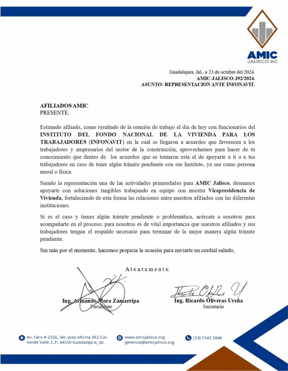 Estimado Afiliado de AMIC Jalisco A.C.
Les compartimos la siguiente información importante derivada de la reunión de acercamiento con la Delegación Jalisco del Infonavit.

Estamos a sus ordenes.