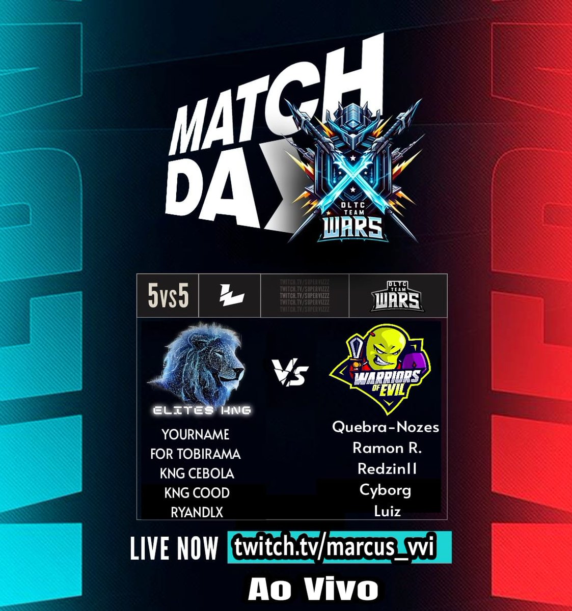 Today in the TOP-12 DLTC WARS TEAM we have KING OF KINGS x WARRIORS OF EVIL, a great game that will define who will go to the Top 8, it will be a great game, don't miss it!*

*LIVE: KNG x WOE
twitch.tv/marcus_vvi