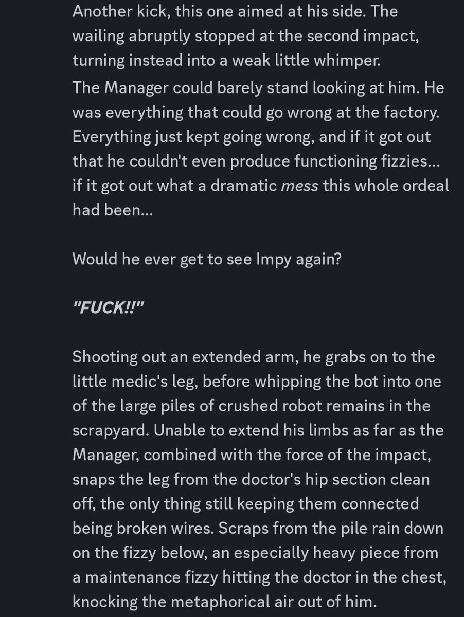 robonrolli's tweet photo. CW: Violence

Pumpkin and SB connected, reached Doc, and came up with a plan: Report 2D0c as faulty+in need of a new body, while OG Doc gets shut down to be salvaged in secret.

Here's Manager taking care of Doc after having been MIA

#discrps #doctorfizzy #managerfizzy https://t.co/82lZ3LxVvn