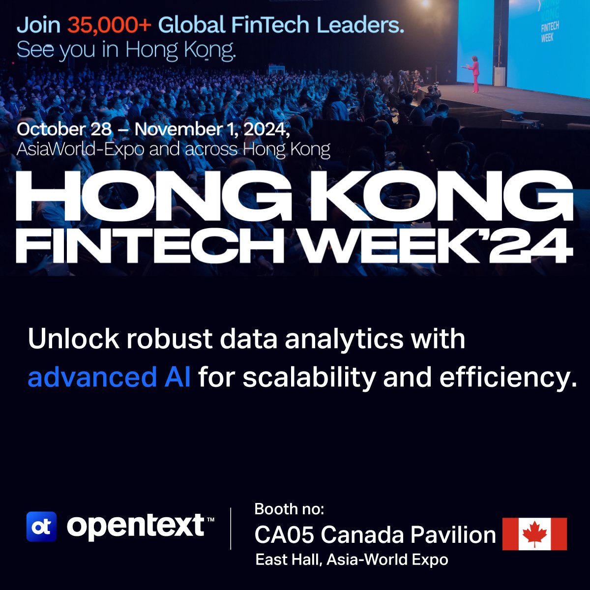 AIandAnalytic's tweet image. 3 days to go! Join us at the upcoming Hong Kong FinTech Week 2024 on Oct. 28-29, 2024! fintechweek.hk

#OpenText #FSI #Data #DataAnalytics #AI #Datawarehouse #MachineLearning #FinTech #CanadaPavilion