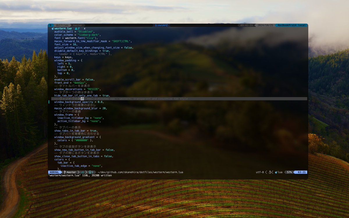 gorilla0513's tweet image. この記事を参考に弄ってみたらおしゃれになった
---
モテるターミナルにカスタマイズしよう（wezterm）｜mozumasu zenn.dev/mozumasu/artic… #zenn