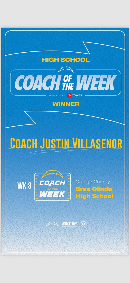 Congratulations to our head coach, <a href="/JVcoachBOHS/">Justin Villasenor</a> on being names the <a href="/chargers/">Los Angeles Chargers</a> Cosch of the Week.
Well deserved. 
#Chargers #GoWildcats