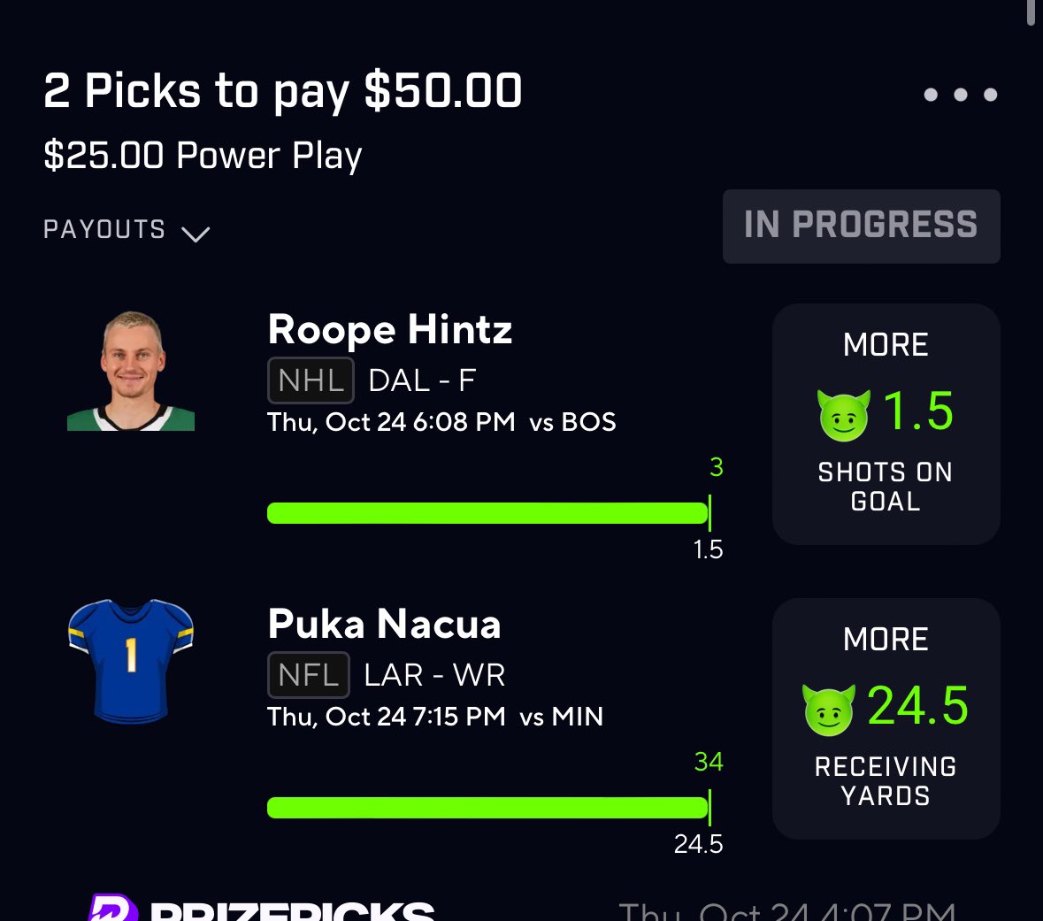 PrizePicksPapa's tweet photo. Cash day 1 ✅✅

@Gus_Bus09 pleasure 🤜🏼🤛🏼

See y’all day 2 🫡

#PrizePicks #PapasPicks #PapaJawnz #GamblingX #NHL #NFL #TNF https://t.co/2u1o4TvyC8
