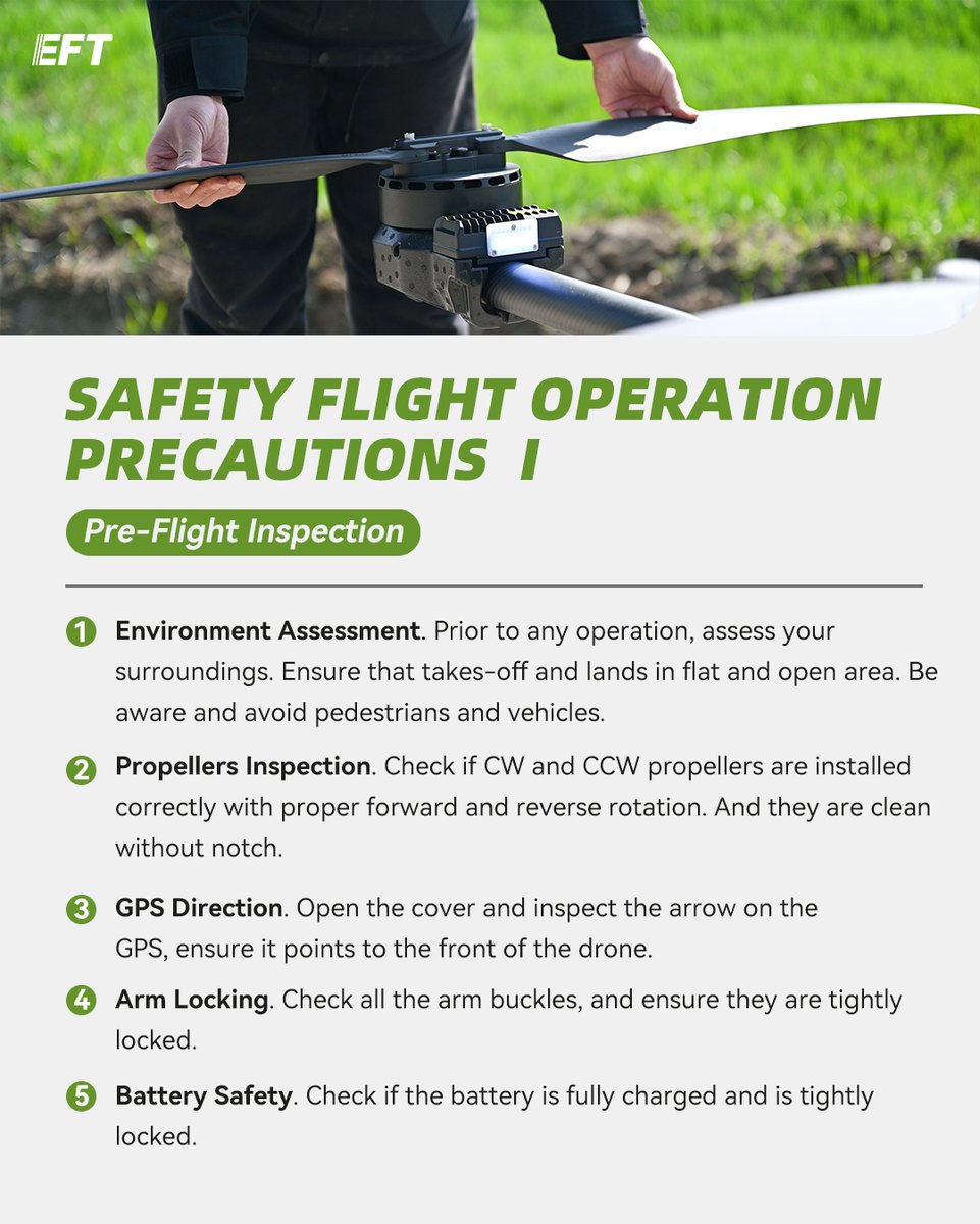 eft_co's tweet image. Safety First! ❣️Please Care For Every Pre-flight Inspection.
⚡ Avoiding safety risks is essential to prevent unnecessary losses. 
📝Here are some key takeaways—ensure you&apos;ve covered them and enhance your drone expertise with our professional guides.

#flighttips #eftdrone #Z50