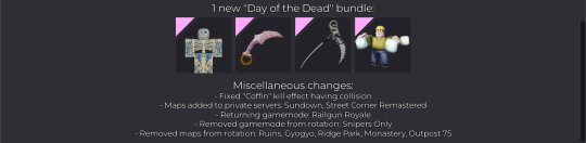 RBX_ArsenalNews's tweet image. The Arsenal Day of the Dead update is here! 🎉☠

-6 new characters
-4 new melees
-1 new emote
-8 Halloween maps
-Day of the Dead bundle (395 robux)
-New barret weapon model
+ more!

Play now: roblox.com/games/28609042…