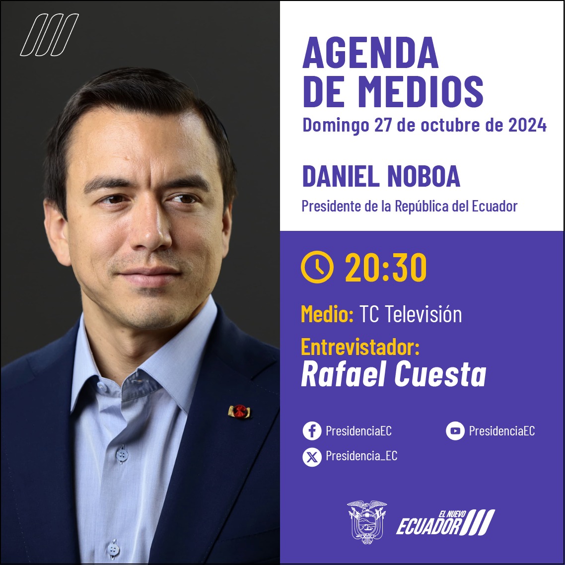 Presidencia_Ec's tweet photo. Sigue la entrevista del presidente @DanielNoboaOk en @tctelevision, este domingo 27 de octubre, a partir de las 20:30. https://t.co/ENOpsf3dmP
