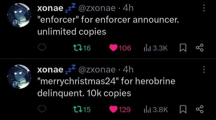 RBX_ArsenalNews's tweet image. Redeem code &quot;merrychristmas24&quot; (10k copies) and &quot;enforcer&quot; (unlimited copies) for the Herobrine delinquent skin and the Enforcer announcer! 🎉