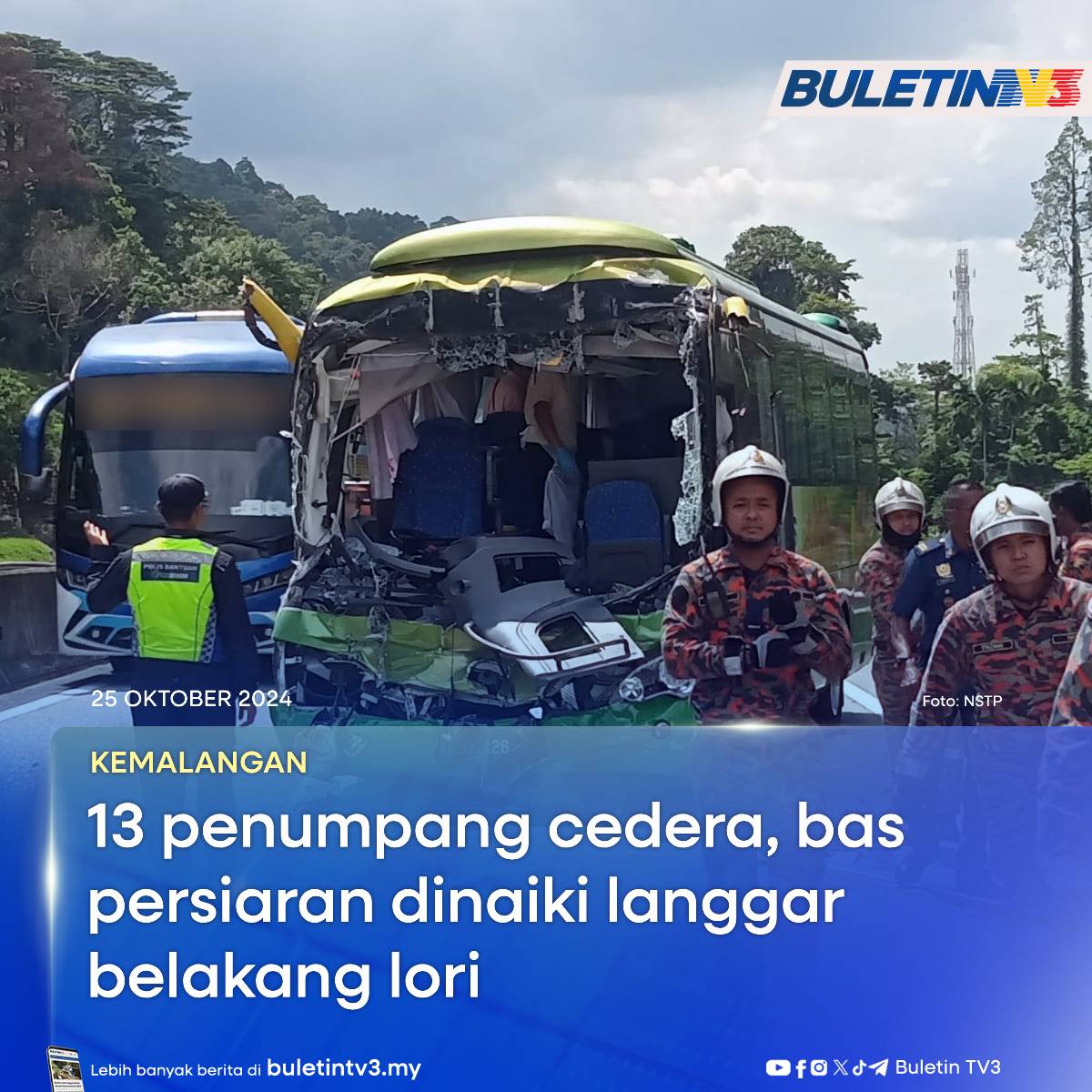 BuletinTV3's tweet photo. KEMALANGAN | 13 penumpang termasuk pelancong dari Jepun cedera, apabila sebuah bas persiaran melanggar bahagian belakang sebuah lori dalam kejadian di KM 230.3 Lebuhraya Utara Selatan (PLUS) Arah Selatan, dekat Taiping.
#BuletinTV3 #Kemalangan #BasPersiaran #Pelancong https://t.co/FlLSjnGDH1