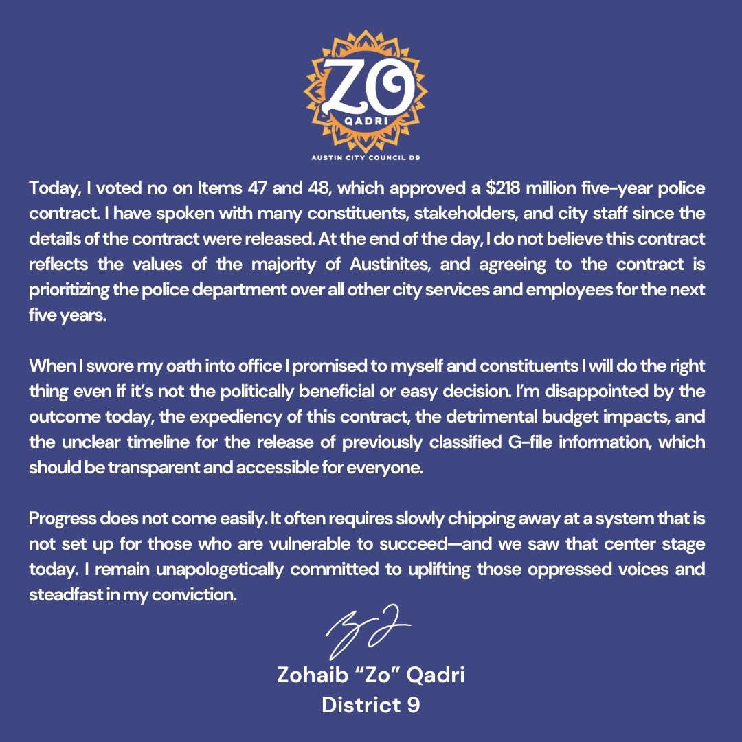 CMZoQadri's tweet photo. My statement regarding the Police Contract. #atxcouncil https://t.co/qhIb9ZHX4m