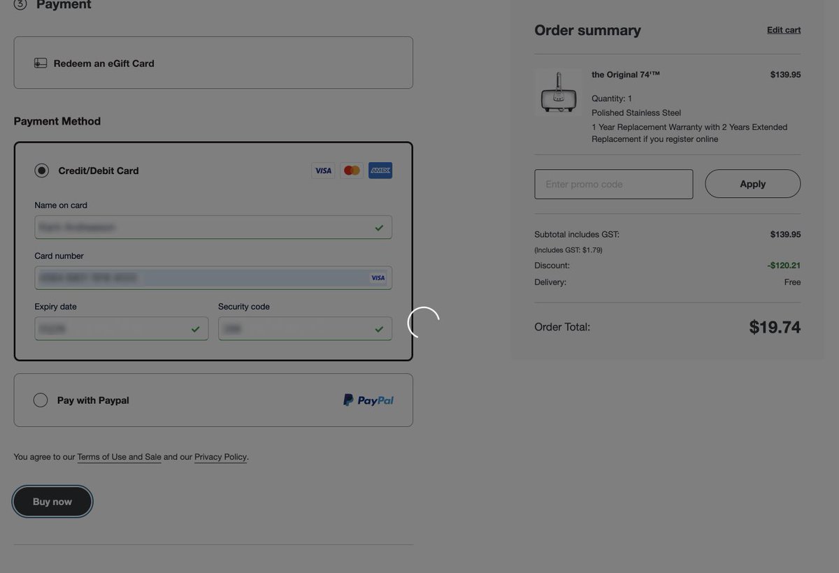 tommymayes's tweet photo. @BrevilleAus what a horribly buggy promotion. Even with some refreshes to navigate through all the errors, I still managed to get to the payment and hit buy, only to be left with a neverending spinner. Please DM me if you'd like to honour the purchase https://t.co/7WEH73ptPT