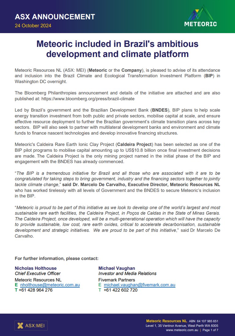ASX_MEI's tweet photo. Excited that our Caldeira Rare Earth Ionic Clay Project has been selected as the only mining project in Brazil’s Climate &amp; Ecological Transformation Platform announced this week.

More: https://t.co/miypgo1xlf

$MEI #MeteoricResources https://t.co/APWWUcwB84
