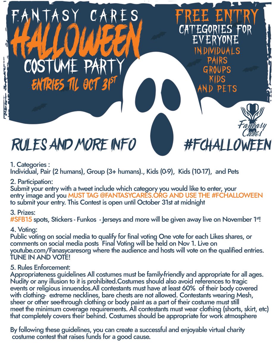 🎃One week to enter!! 🎃

We are having a Costume Party with lots of prizes including Funkos, Stickers, Jerseys and #SFB15 spots!

Make sure to tag @fantasycaresorg and #FCHALLOWEEN to enter one of the categories!

Full Rules at fantasycares.org/halloween