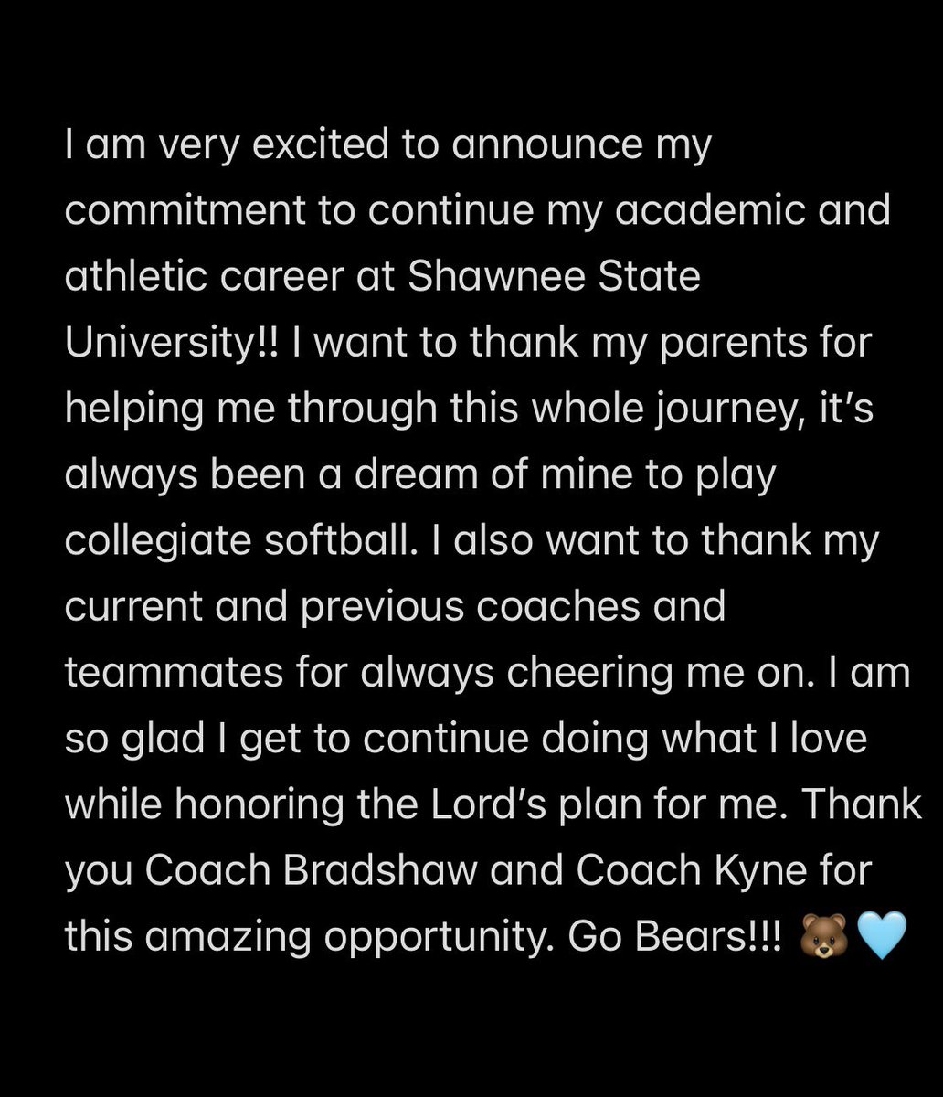 Next 4 Years!! GO BEARS🐻🩵
#commited 

<a href="/kbradshaw12/">Kristen Bradshaw</a> <a href="/ckyne1434/">Carrie Kyne</a> <a href="/ShawneeStateSB/">Shawnee State SB</a>