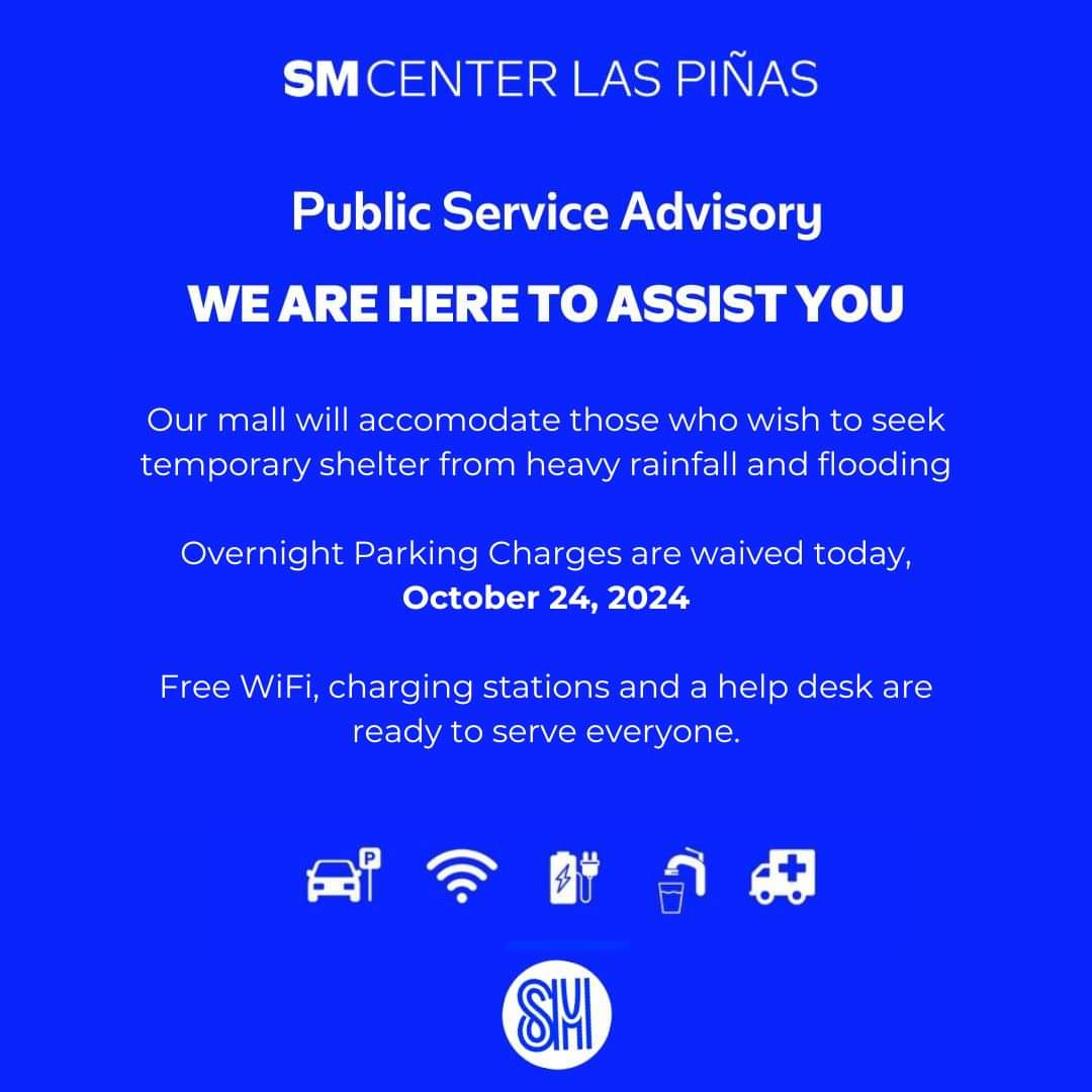 jatorreda_'s tweet photo. These are the establishments that offer temporary shelter, charging stations, and internet sa Las Piñas! stay safe 🙏🏻 

- SM Center Las Piñas
- Robinsons Las Piñas
- Evia Lifestyle Center
- SM Southmall

#KristinePH #RescuePH https://t.co/0p3SWzwCAN