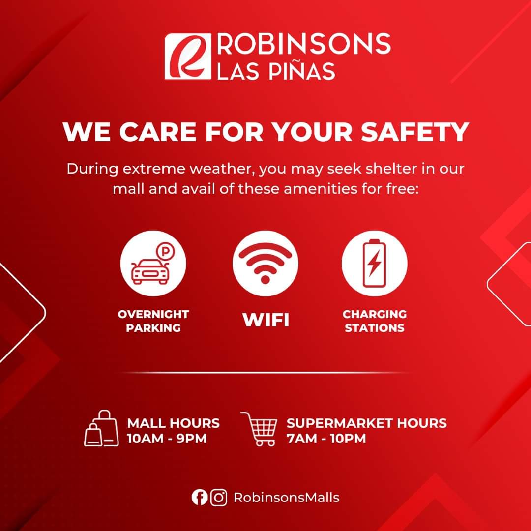 jatorreda_'s tweet photo. These are the establishments that offer temporary shelter, charging stations, and internet sa Las Piñas! stay safe 🙏🏻 

- SM Center Las Piñas
- Robinsons Las Piñas
- Evia Lifestyle Center
- SM Southmall

#KristinePH #RescuePH https://t.co/0p3SWzwCAN