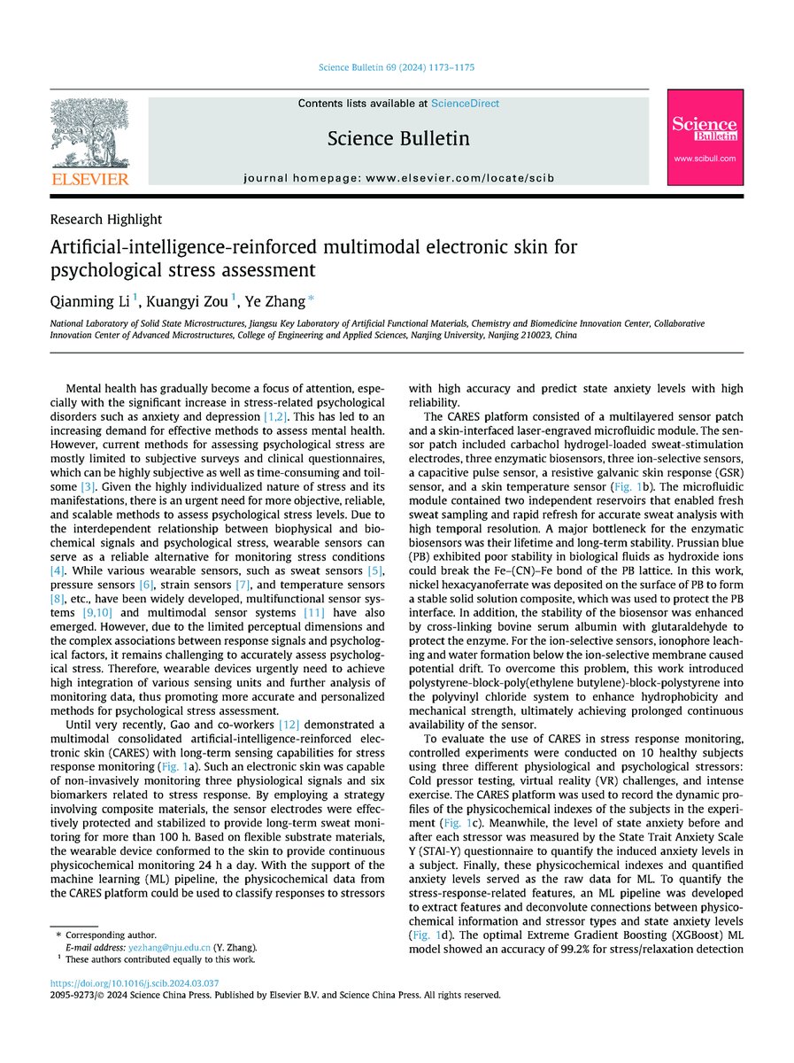 Sci_Bull's tweet photo. Share a Highlight article "Artificial-intelligence-reinforced multimodal electronic skin for psychological stress assessment" by Prof. Ye Zhang from Nanjing University
Read more on https://t.co/UvKDBYaSky
#AI #ElectronicSkin @isciverse @SciencNews https://t.co/uBJVdcWuUG
