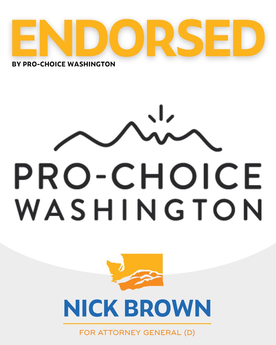 NickBrownNow's tweet photo. I’m proud to announce that my campaign has been endorsed by @ProChoiceWA! As Attorney General, I will fiercely protect reproductive rights and ensure that Washington remains a safe haven for individuals seeking access to care. https://t.co/s4nkCapfXk
