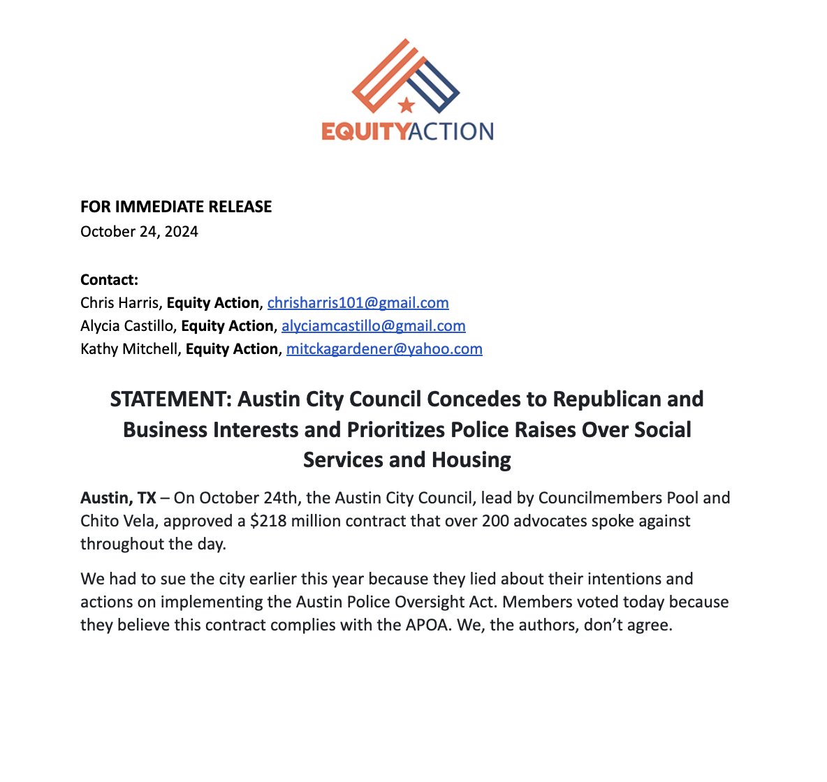 Equity Action statement on tonight's contract vote: