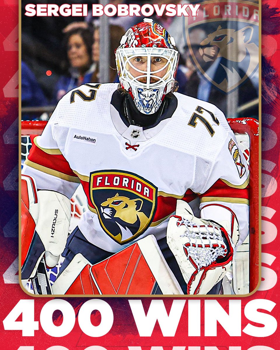 NHLMedia's tweet photo. 4⃣0⃣0⃣

Sergei Bobrovsky becomes the 14th goaltender in NHL history to reach 400 career wins!

@FlaPanthers | #TimeToHunt https://t.co/JwnJR8Tq7U