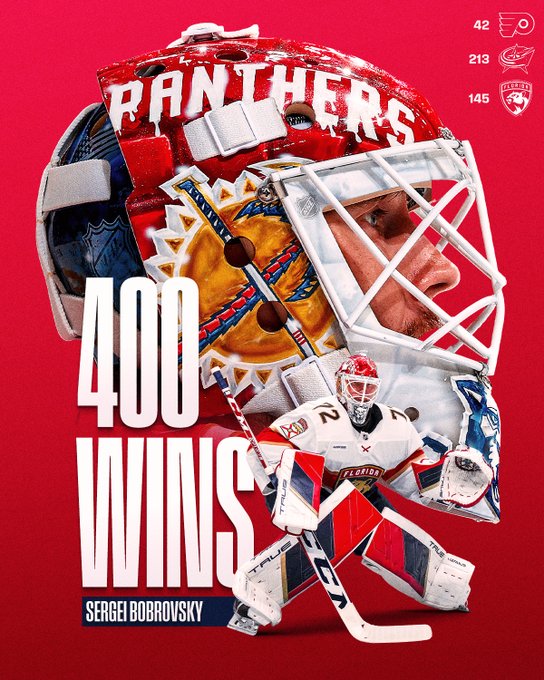 Top: A large cutout of a closeup of Sergei Bobrovsky's mask on a red background. In the top right are three team logos and Bobrovsky's corresponding win totals with each team:
PHI: 42
CBJ: 213
FLA: 145 

Bottom: In large white text, "400 wins, Sergei Bobrovsky". To the right is a smaller full-body cutout of Bobrovsky in a Panthers' uniform. 