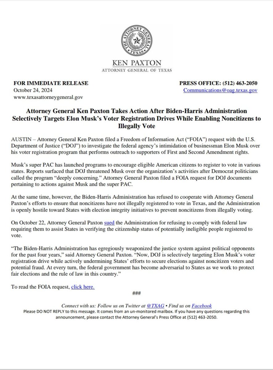 🚨BREAKING: I filed a Freedom of Information Act (“FOIA”) request with the U.S. Department of Justice (“DOJ”) to investigate the federal agency’s intimidation of businessman Elon Musk over his voter registration program that performs outreach to supporters of First and Second