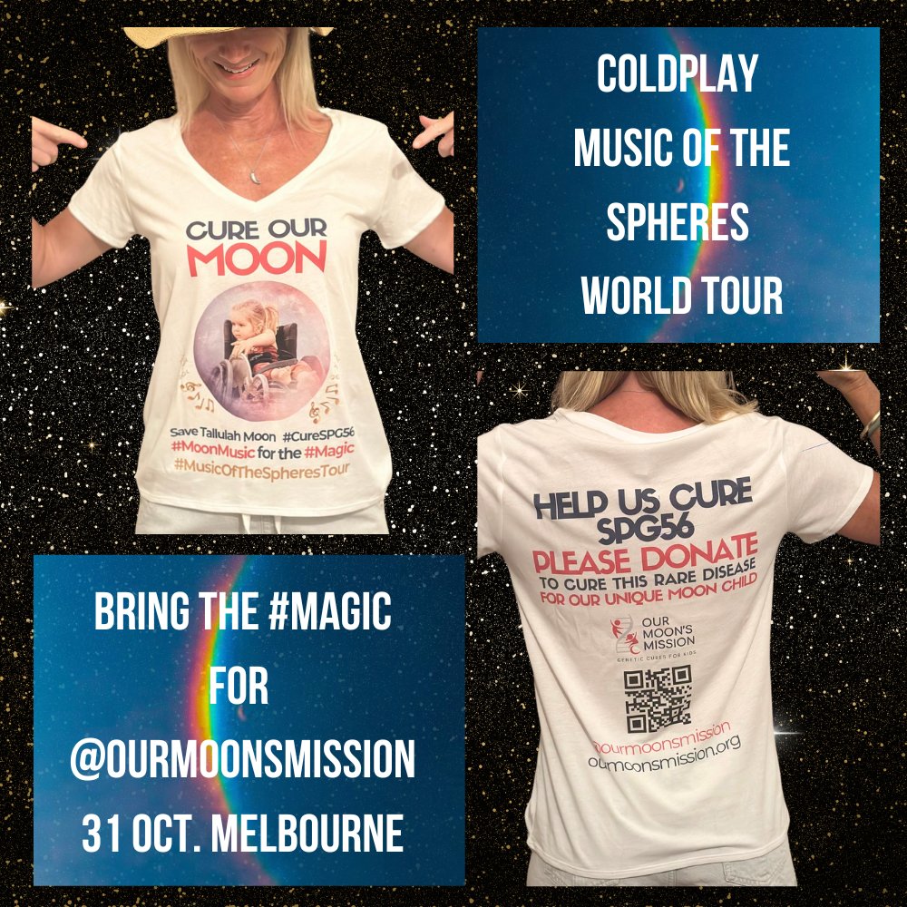 🌙 We’re stoked #TallulahsArmy legend <a href="/boyzmels7887408/">Boyzmels78</a> just got her her #MoonMagic shirts for <a href="/coldplay/">Coldplay</a> gig in Melbs on 31 Oct! 🎶🌕 Let’s summons this #MoonMagic and #DanceForACure! 🌌 Join the mission, #CureSPG56 to save our girl &amp; donate to Mel shorturl.at/dFnDv 💜 🌕🧬