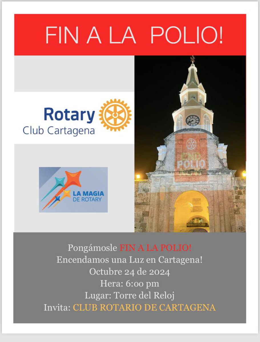#EndPolioNow #Rotary engalanamos la Torre del Reloj de la ciudad de <a href="/AlcaldiaCTG/">Alcaldía de Cartagena</a> para concientizar a la población de nuestra lucha contra la polio