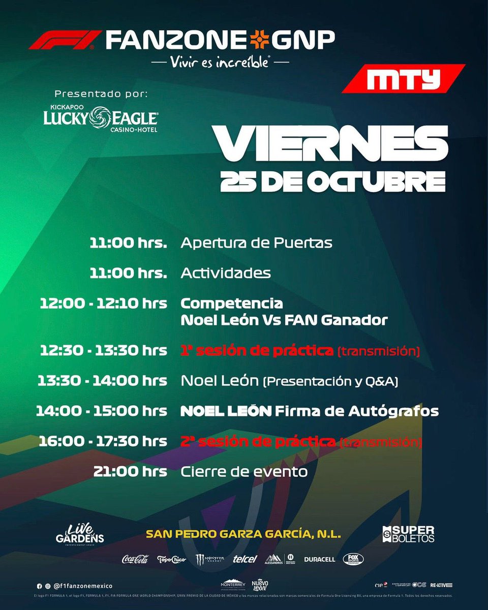NoelLeonNews's tweet photo. Remember that tomorrow Noel will be at the F1 Fan Zone in Monterrey!!
Here are the schedules for the activities he'll be participating in
#NoelLeon #F1FanZone https://t.co/Td3jvvnayL