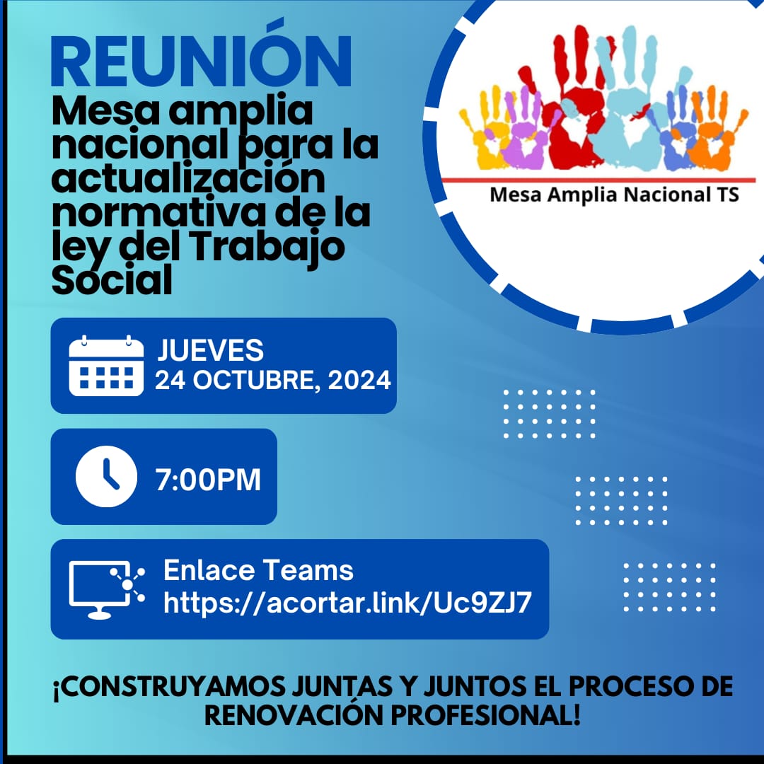 atsovalle's tweet photo. Invitación abierta a todo el gremio de Trabajo Social 🇨🇴: organizaciones, estudiantes, profesionales independientes, colectivos, sindicato, a la próxima reunión:

🗓️ Jueves 24 de octubre
🕖 Hora: 7:00pm 
💻 Enlace reunión: https://t.co/GnE5cqOi8g

#ConstruyamosTodxslaLeydeTS https://t.co/k9Eql3l4ny