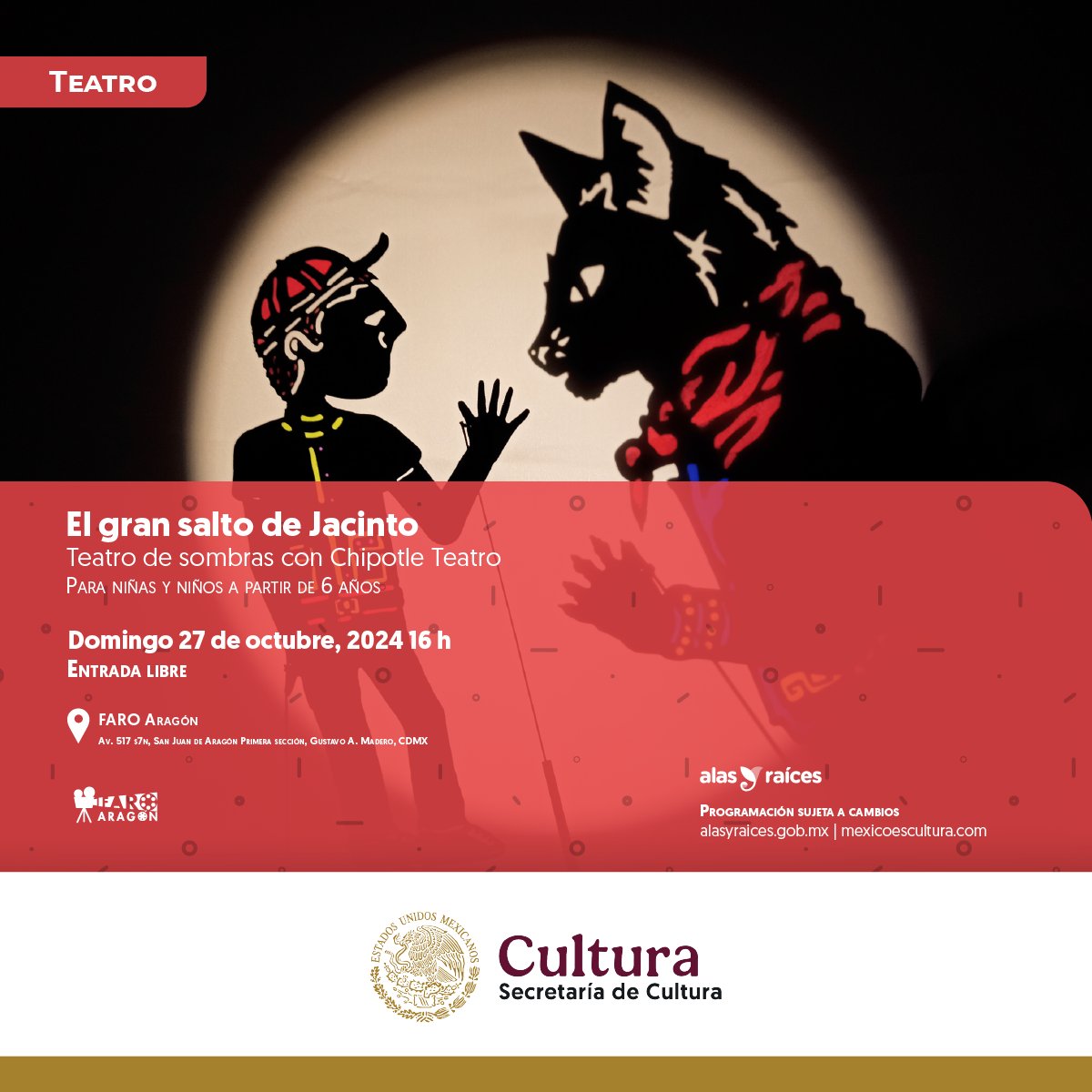 Este domingo estaremos en <a href="/FaroAragon/">Faro Aragón</a> en CDMX con "El gran salto de Jacinto" a las 4pm!!
🎟️ Entrada libre!! Les esperamos 😊🎭🤟🏽
.
#teatrodesombras #titeresdesombra #cdmx #alasyraices